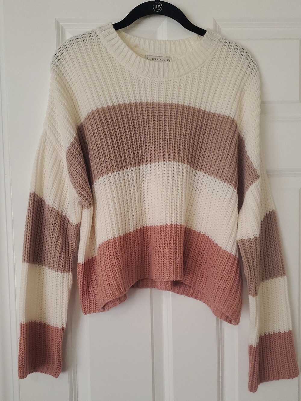 Chunky Striped Crewneck Sweater - Cream & Dusty Rose
